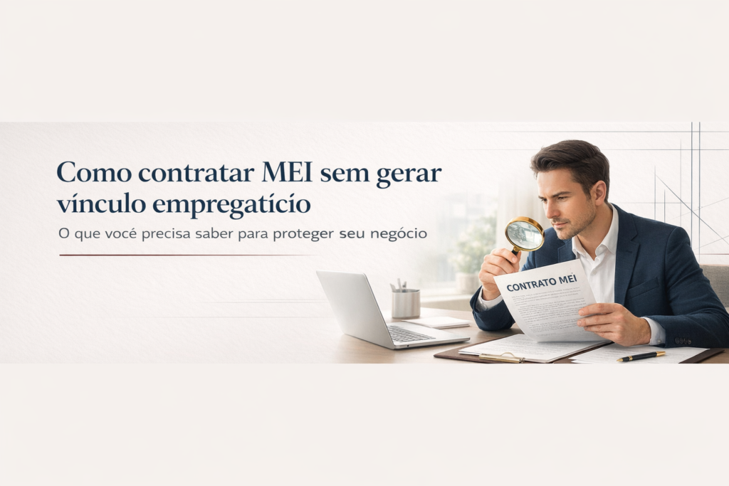 Profissional revisando contrato de MEI com lupa, simbolizando análise de risco e prevenção de vínculo de emprego.