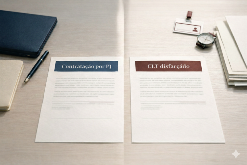 Comparativo entre contratação PJ legítima e CLT disfarçada em documentos de trabalho