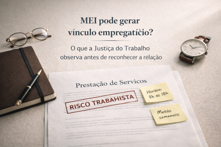 Documento de prestação de serviços sobre uma mesa de escritório com carimbo “risco trabalhista”, acompanhado de post-its com horário de trabalho e metas semanais, ilustrando o risco de vínculo empregatício na contratação de MEI.